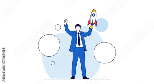 Successful Businessman Celebrates Achievement, Launching Rocket High into the Sky