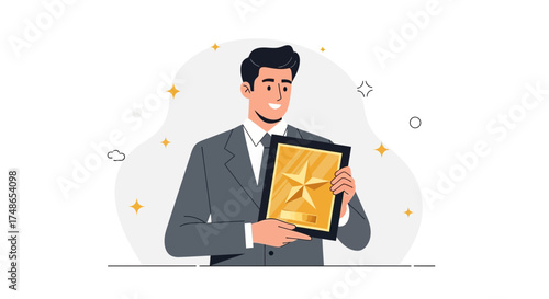 Successful Businessman Smiling Holding Golden Star Award With Great Achievements