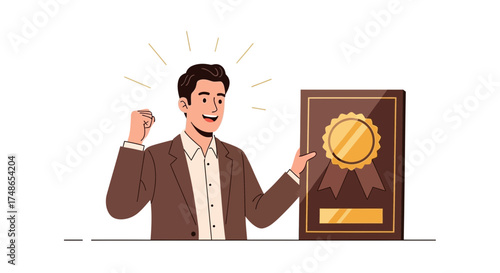 Successful Businessman Celebrating Achievement and Holding Award Illustration