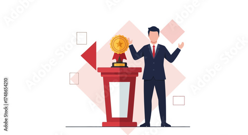 Successful Businessman Celebrating Achievement Beside a Trophy on Podium Illustration