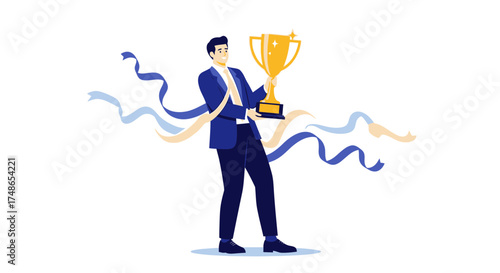 Successful Businessman Stands Proudly Holding Golden Trophy, Triumph And Celebration Concept