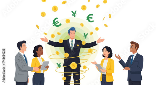 Successful Businessman Surrounded By Currencies And Attentive Colleagues Generating Wealth