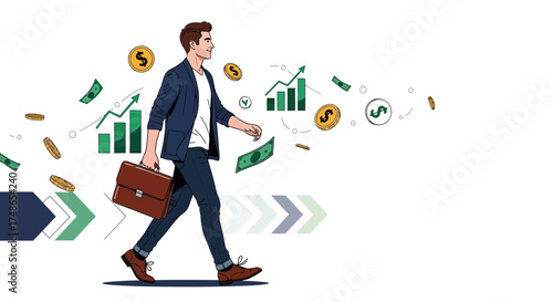 Successful Businessman Walking Forward While Receiving Monetary Rewards And Financial Growth