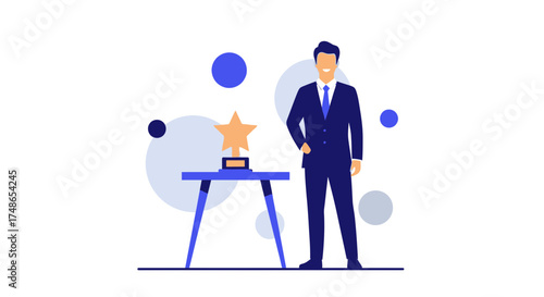 Successful businessman with a trophy celebrating achievement and recognition