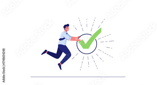 Successful businessman celebrating achievement with a checkmark illustration