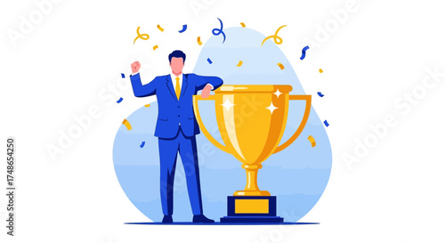 Successful Businessman Wins The Trophy And Celebrates With Golden Confetti In Appreciation