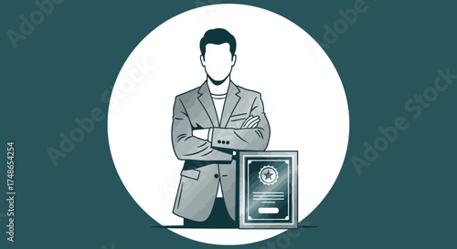 Successful Businessman With Achievement Award Standing In The Circle, Winning Illustration
