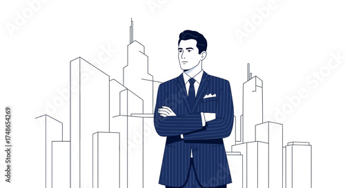 Successful businessman with crossed arms in front of a modern city skyline background