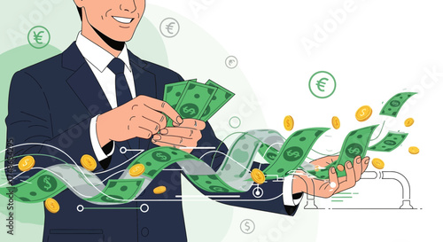 Successful businessman celebrating financial success with money flowing around him