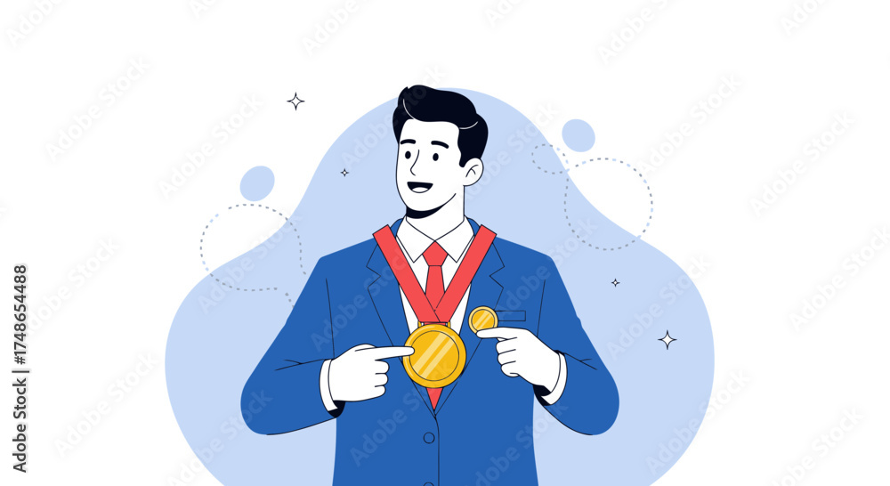 Obraz premium Successful Businessman Displaying Achievement with Award Medal in Minimalist Modern Illustration