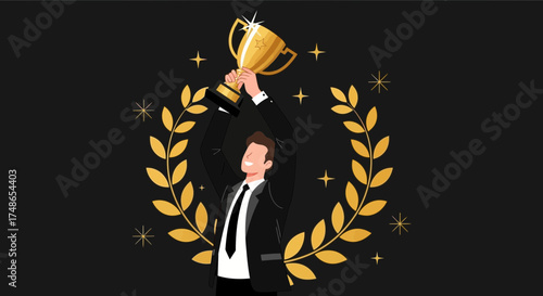 Successful businessman celebrating victory with golden trophy and laurel wreath in award ceremony