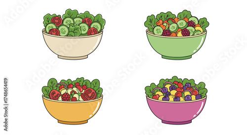 Colorful cartoon illustration of four bowls filled with fresh salad ingredients