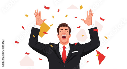Successful Businessperson Celebrating Achievement, Joyfully Exclaiming Amid Celebration Debris