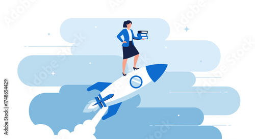 Successful Businesswoman Achieves New Heights While Riding a Rocket Through The Sky