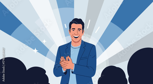 Successful Businessman Clapping and Smiling in Front of the Audience at a Presentation