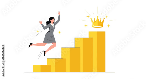 Successful businesswoman achieving goals and reaching the top of a golden staircase