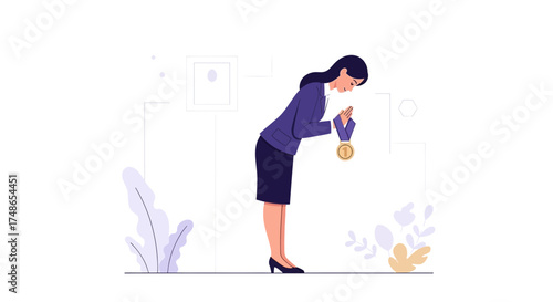 Successful Businesswoman Admiring Her Golden Medal Standing With a Sense Of Gratitude