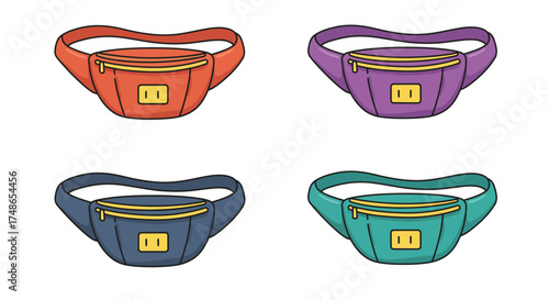 Colorful fanny packs illustration showing red purple blue and teal designs