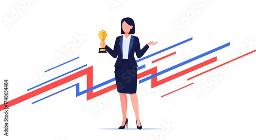 Successful Businesswoman Celebrates Achievement Holding Trophy with Dynamic Visuals Above Her