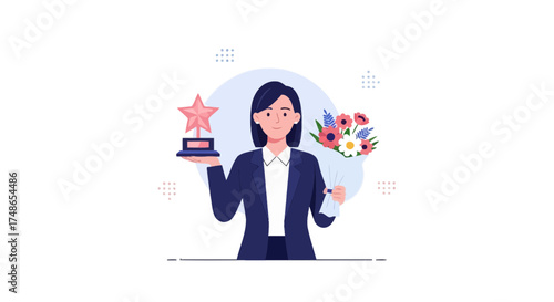 Successful Businesswoman Celebrates Achievement Holding Trophy and Flowers in Illustration