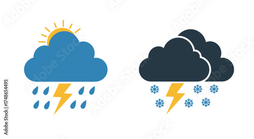 Weather icons depicting rain and snow with lightning bolts present