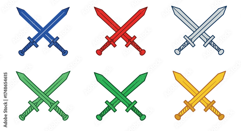 Fototapeta premium Six crossed swords in various colors a flat vector illustration