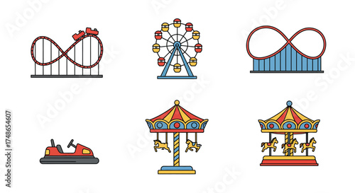 Colorful amusement park rides including a ferris wheel and roller coaster