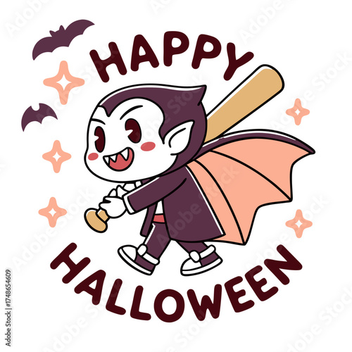 Cute Cartoon Dracula Vampire with Baseball Bat & Cape for Happy Halloween Trick or Treat Kids' Party Illustration Sticker Design Vector