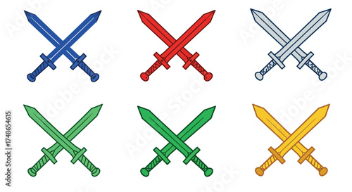 Six crossed swords in various colors a flat vector illustration