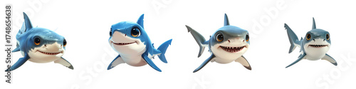 Four cartoon sharks with open mouths and sharp teeth swimming in a row isolated on transparent background