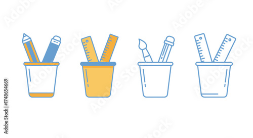 Stationery items in containers pencils rulers and paintbrushes illustrated