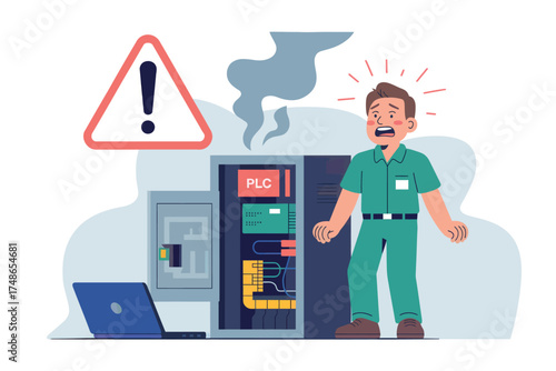 It technician reacts to server room malfunction with warning sign and smoke isolated on white background