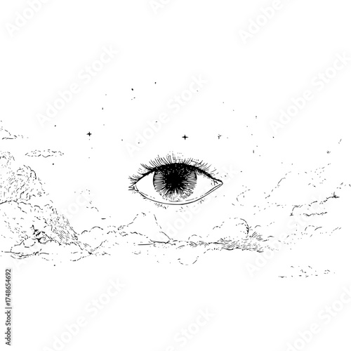Eye in the sky drawing digital art illustration celestial artwork ethereal dreamy black and white art piece