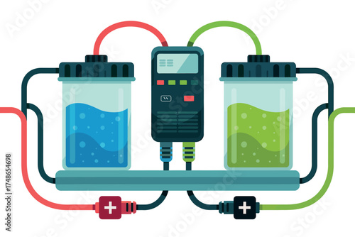 Scientific battery electrolysis setup with digital meter and colorful liquids for energy research and education isolated on white background