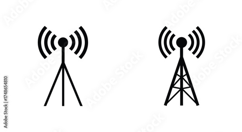 Two black wireless signal tower icons on a white background