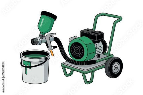 Professional airless paint sprayer machine with paint bucket for efficient surface coating and home improvement projects isolated on white background