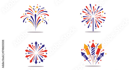 Celebratory fireworks displays in vibrant red white and blue colors illustrated