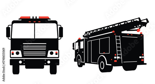 Stylized black and white illustration of two fire trucks from different angles