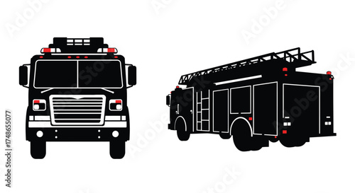 Detailed black silhouette illustration of a large fire truck with ladder