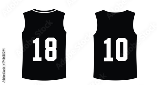 Black basketball jerseys with white numbers displayed from front and back views