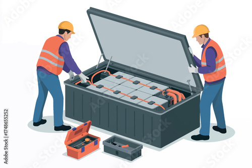 Industrial battery maintenance and repair services performed by skilled technicians with tools isolated on white background