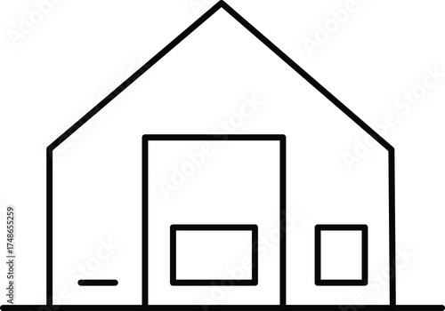 Simple Line Art House Illustration: Minimalist Black and White Drawing of a Home with Roof, Door, and Windows for Graphic Design Projects
