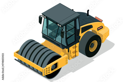 Isometric view of a yellow road roller heavy construction machine for paving and compaction tasks isolated on white background