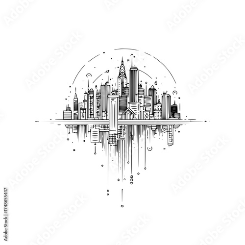 Cityscape skyline illustration of urban architecture with building reflection vector design template art