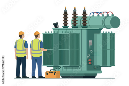 Electricians inspect large green power transformer with toolbox on for energy infrastructure projects isolated on white background