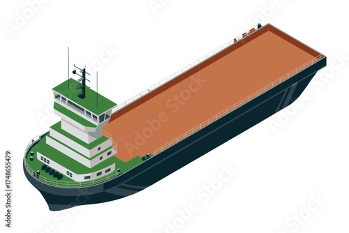 A flat-top cargo ship with a large open deck for transporting goods and materials on the sea isolated on white background