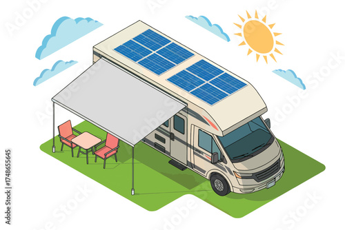 Modern rv camper van with solar panels and awning set up for outdoor recreation and travel adventure isolated on white background