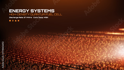 Energy systems with high-density quantum fuel cell and discharge rate data display. Futuristic technology background for science and engineering concept.