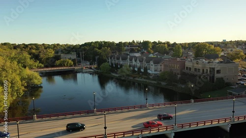 Small American town skyline. Aerial view, Establishing shot