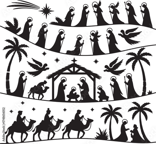Nativity scene black and white illustration
